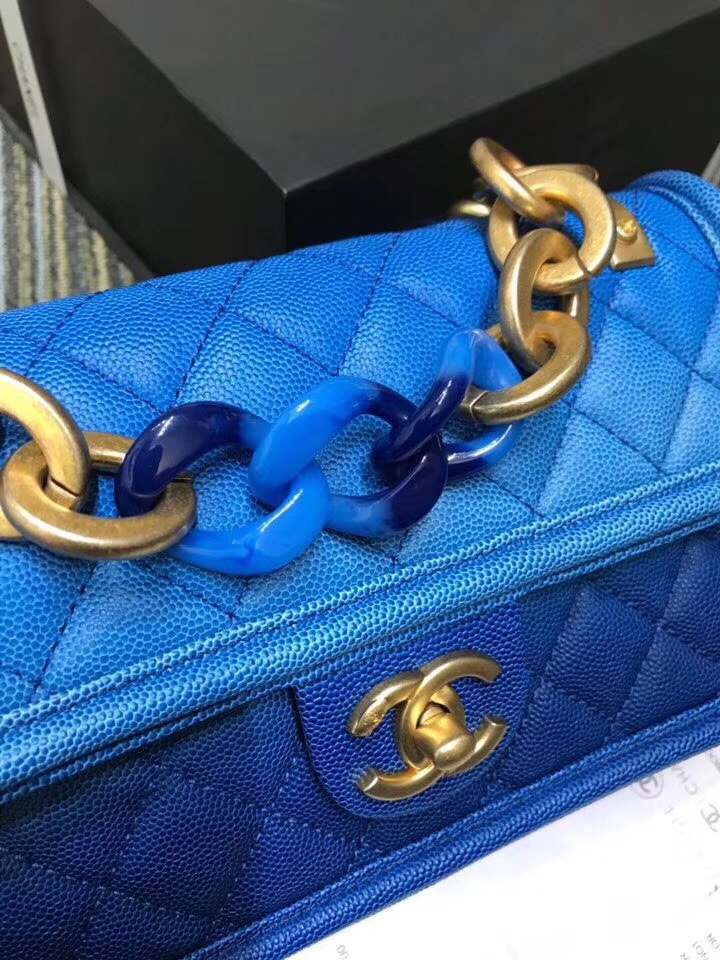 Chanel flap bag Grained Calfskin Resin & Gold-Tone Metal AS0061 blue