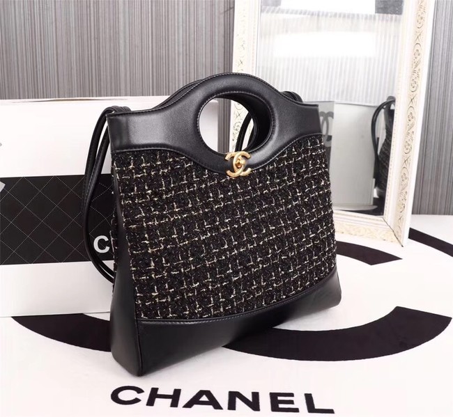 Chanel 31 large shopping bag Calfskin Tweed & Gold-Tone Metal A57977 black