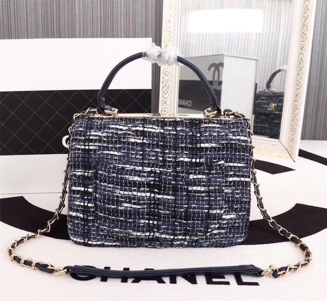 Chanel Calfskin Tweed & Gold-Tone Metal Tote Bag 36982 dark blue