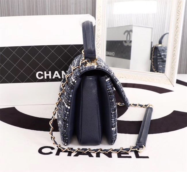 Chanel Calfskin Tweed & Gold-Tone Metal Tote Bag 36982 dark blue