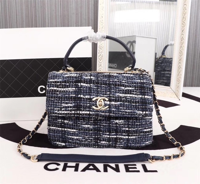 Chanel Calfskin Tweed & Gold-Tone Metal Tote Bag 36982 dark blue