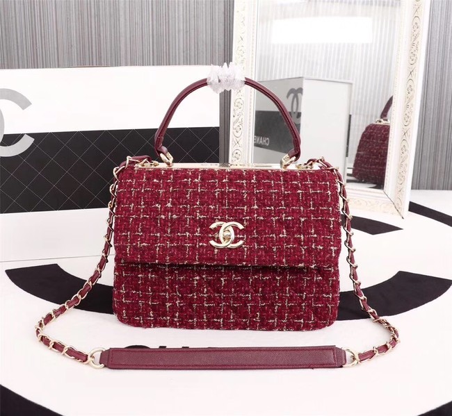 Chanel Calfskin Tweed & Gold-Tone Metal Tote Bag 36982 red