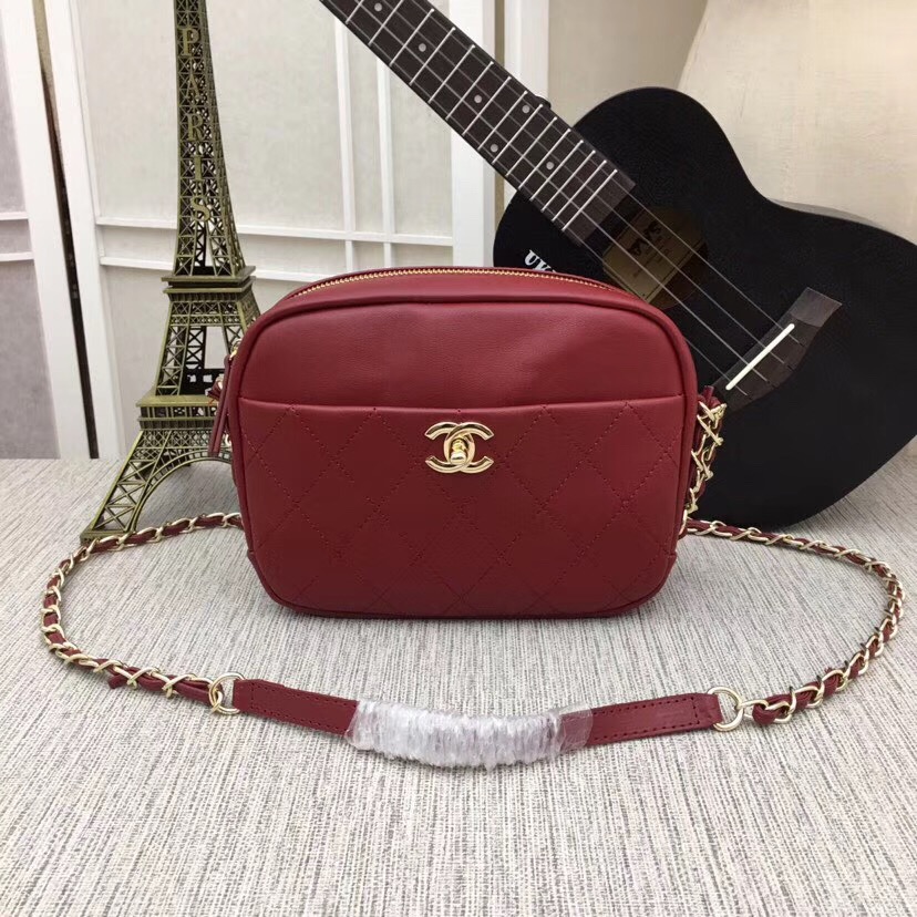 Chanel camera case Metallic Goatskin & Gold-Tone Metal 8040A Burgundy