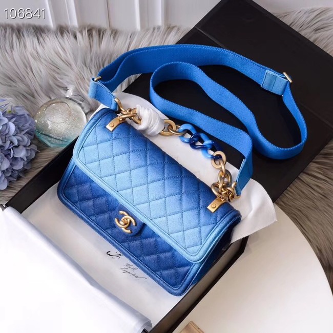 Chanel flap bag Grained Calfskin Resin & Gold-Tone Metal AS0062 blue