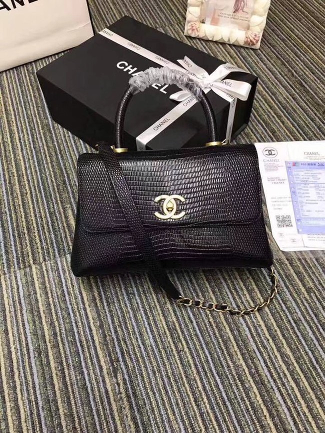 Chanel CC original Lizard top handle flap bag A93050 black Gold Buckle