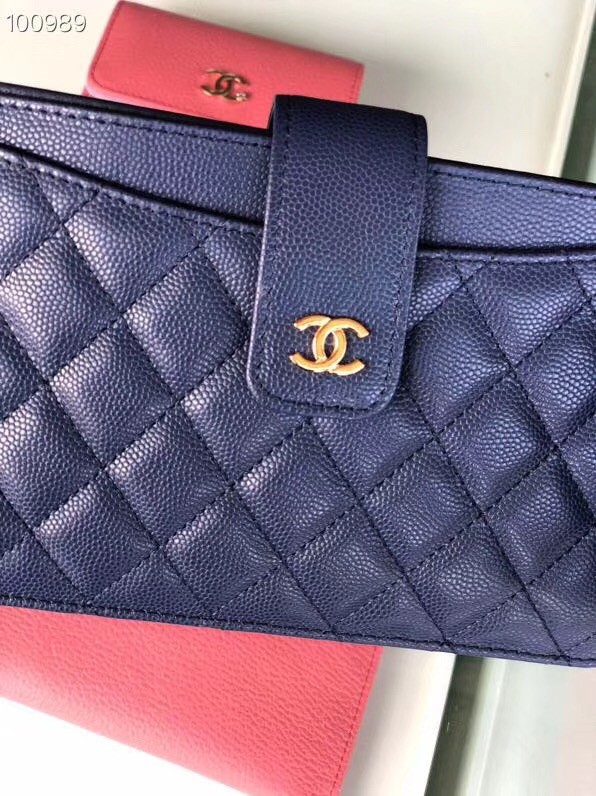 Chanel classic pouch Grained Calfskin & Gold-Tone Metal A81902 blue