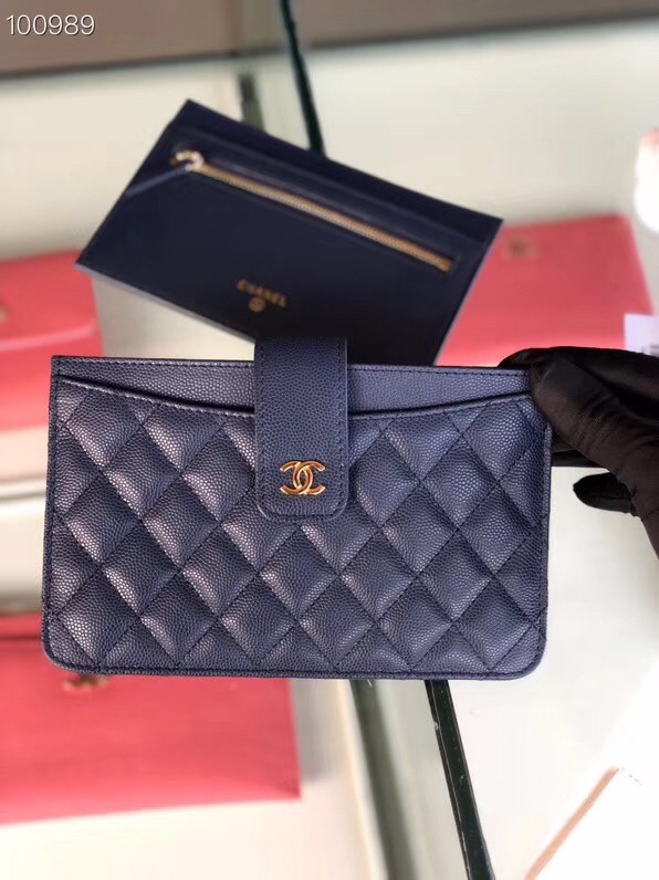 Chanel classic pouch Grained Calfskin & Gold-Tone Metal A81902 blue