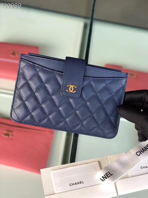 Chanel classic pouch Grained Calfskin & Gold-Tone Metal A81902 blue