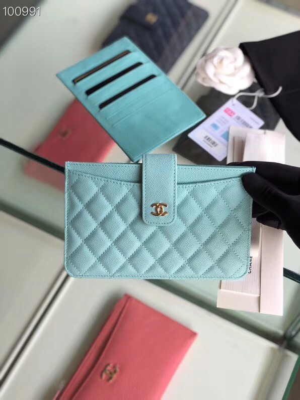 Chanel classic pouch Grained Calfskin & Gold-Tone Metal A81902 sky blue