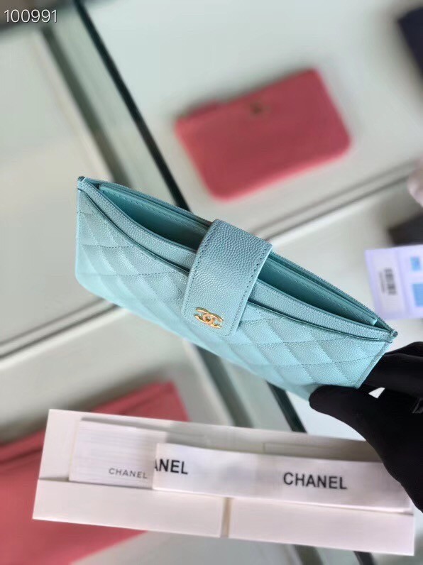 Chanel classic pouch Grained Calfskin & Gold-Tone Metal A81902 sky blue