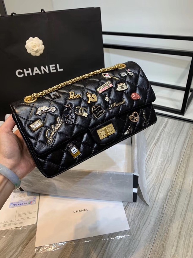 Chanel 2.55 handbag Aged Calfskin, Charms & Gold-Tone Metal A37586 black