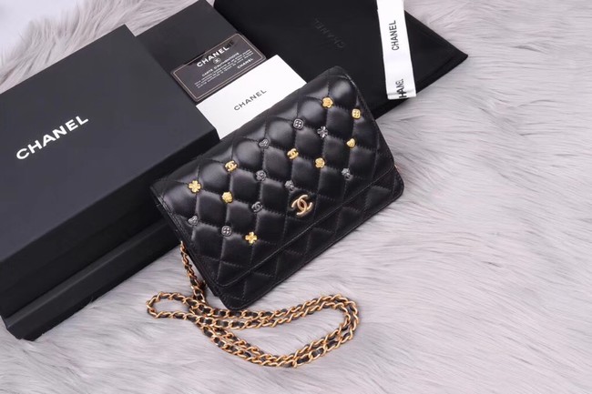 Chanel wallet on chain Lambskin & Gold-Tone Metal A81618 black