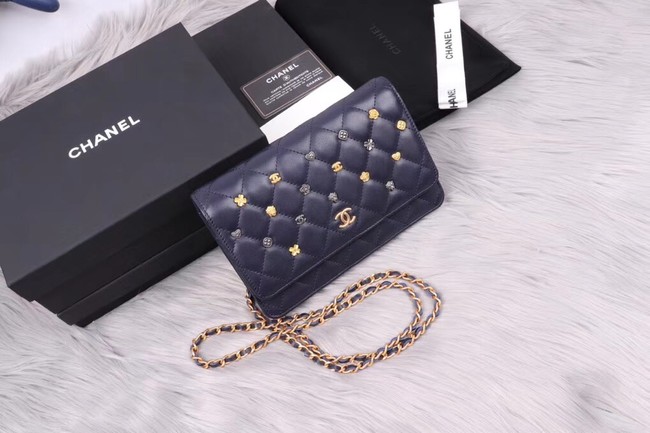 Chanel wallet on chain Lambskin & Gold-Tone Metal A81618 dark blue