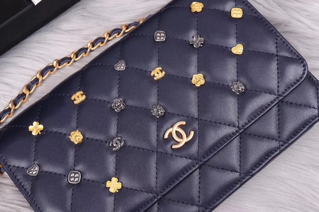 Chanel wallet on chain Lambskin & Gold-Tone Metal A81618 dark blue