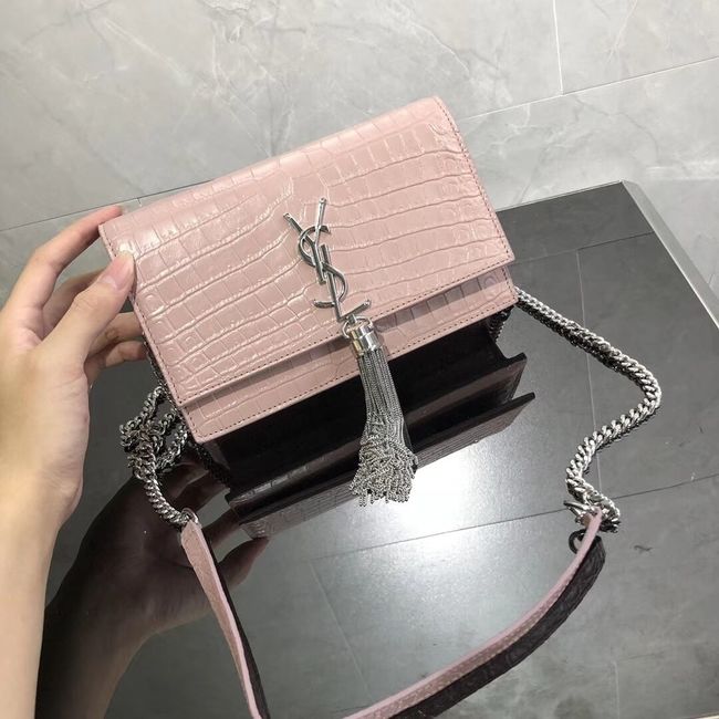 SAINT LAURENT Kate crocodile-embossed leather cross-body bag 452159 Pink