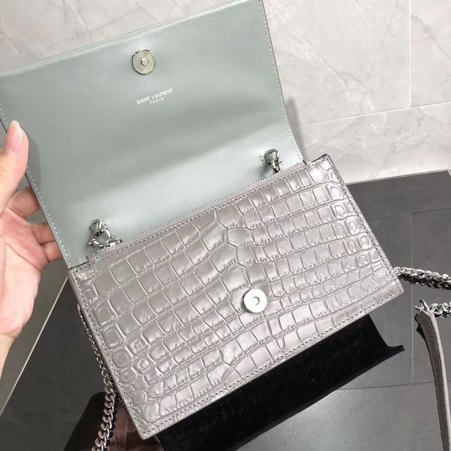 SAINT LAURENT Kate crocodile-embossed leather cross-body bag 452159 grey