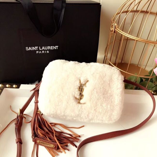 SAINT LAURENT Lambswool leather quilted shoulder bag Y538012 white