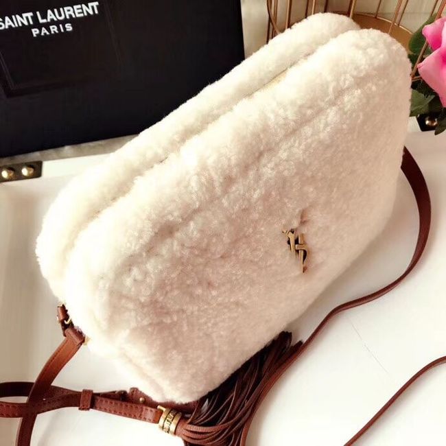 SAINT LAURENT Lambswool leather quilted shoulder bag Y538033 white