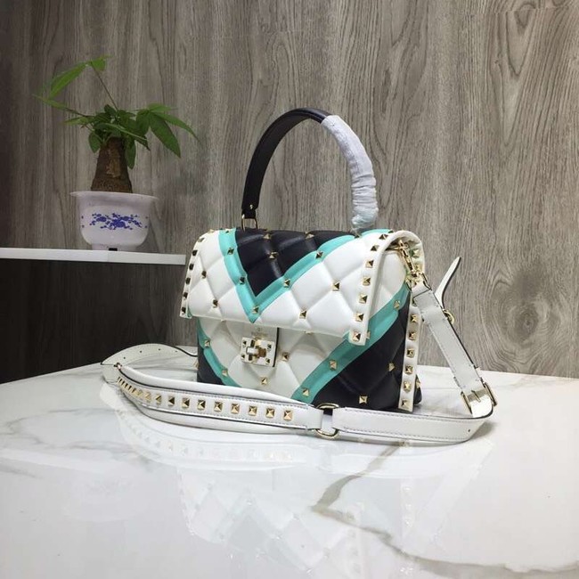 VALENTINO Candy Rockstud quilted leather shoulder bag 6019 black&white&blue