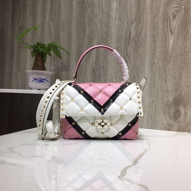 VALENTINO Candy Rockstud quilted leather shoulder bag 6019 pink&white