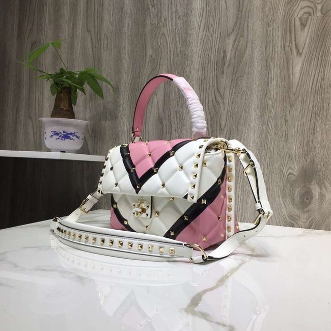 VALENTINO Candy Rockstud quilted leather shoulder bag 6019 pink&white