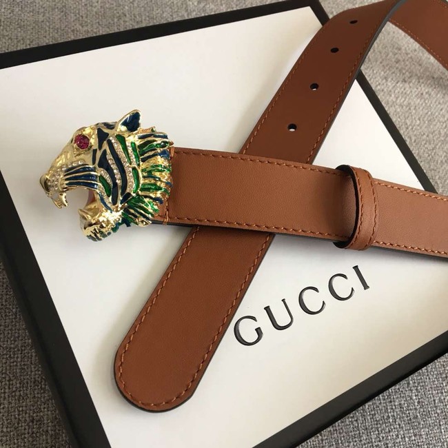 Gucci Leather belt with tiger head 543152 brown