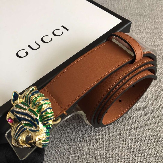 Gucci Leather belt with tiger head 543152 brown