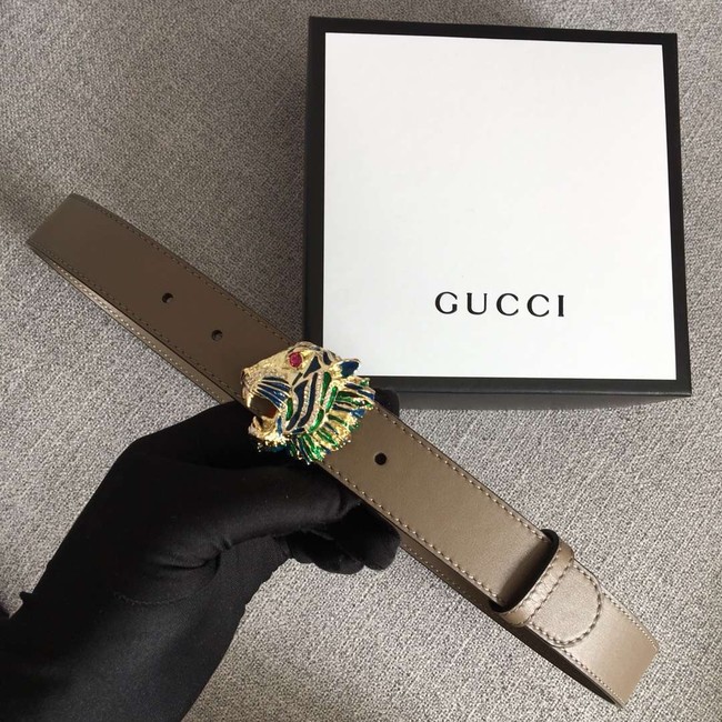 Gucci Leather belt with tiger head 543152 grey