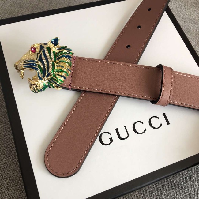 Gucci Leather belt with tiger head 543152 pink