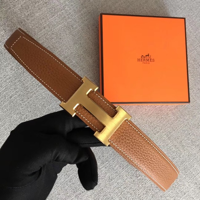 Hermes original togo 2 belt buckle & Reversible leather strap 32 mm H06454 brown  gold plated metal 