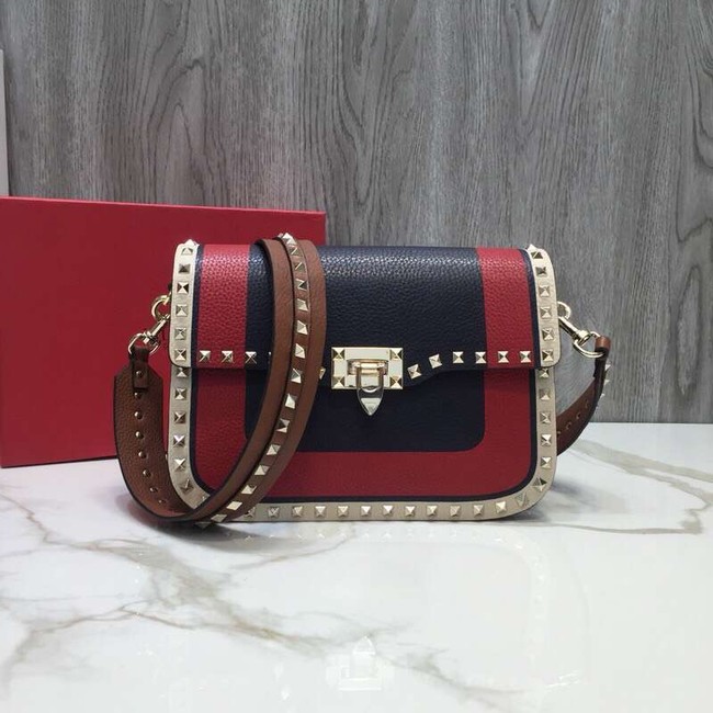 VALENTINO Rockstud grained leather messenger 0936B Black&red&white