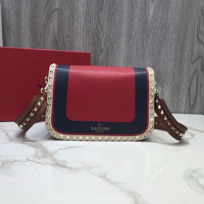 VALENTINO Rockstud grained leather messenger 0937B Black&red&white