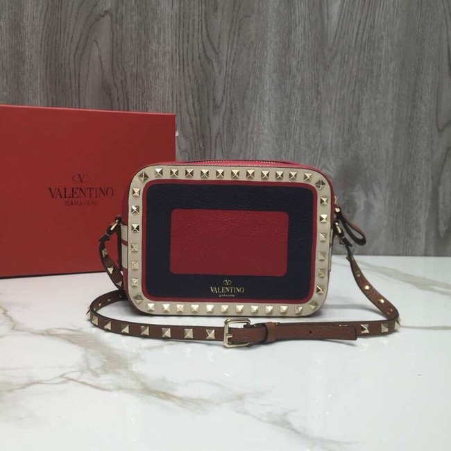 VALENTINO Rockstud leather camera cross-body bag 2856 Black&red&white