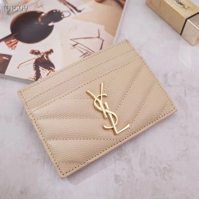 SAINT LAURENT Monogram leather card holder 88337 Gold-Tone Metal apricot