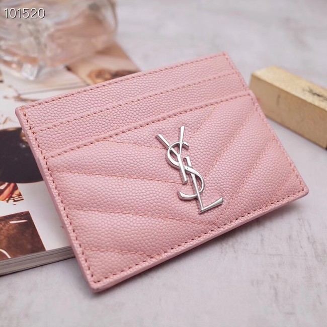 SAINT LAURENT Monogram leather card holder 88337 Rose Ballerine Silver-Tone Metal