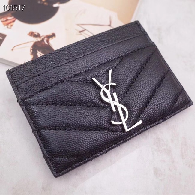 SAINT LAURENT Monogram leather card holder 88337 black Silver-Tone Metal