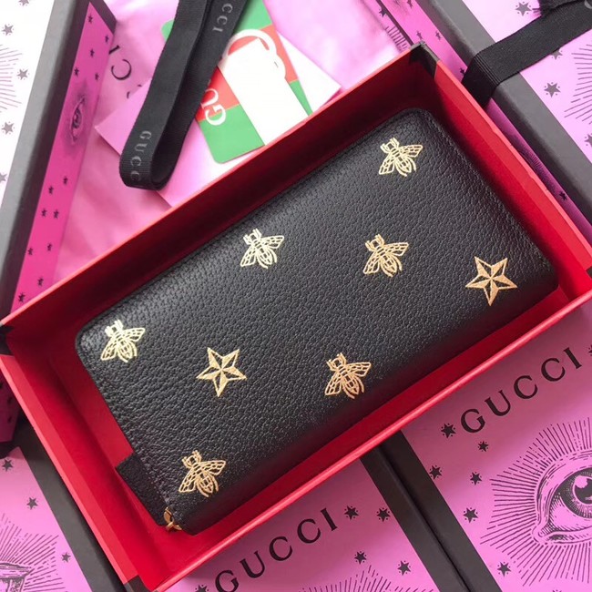 Gucci Bee Star leather zip around wallet 495062 black