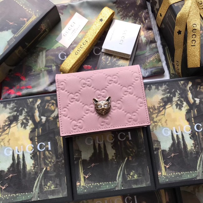 Gucci Signature card case with cat 548057 Pink