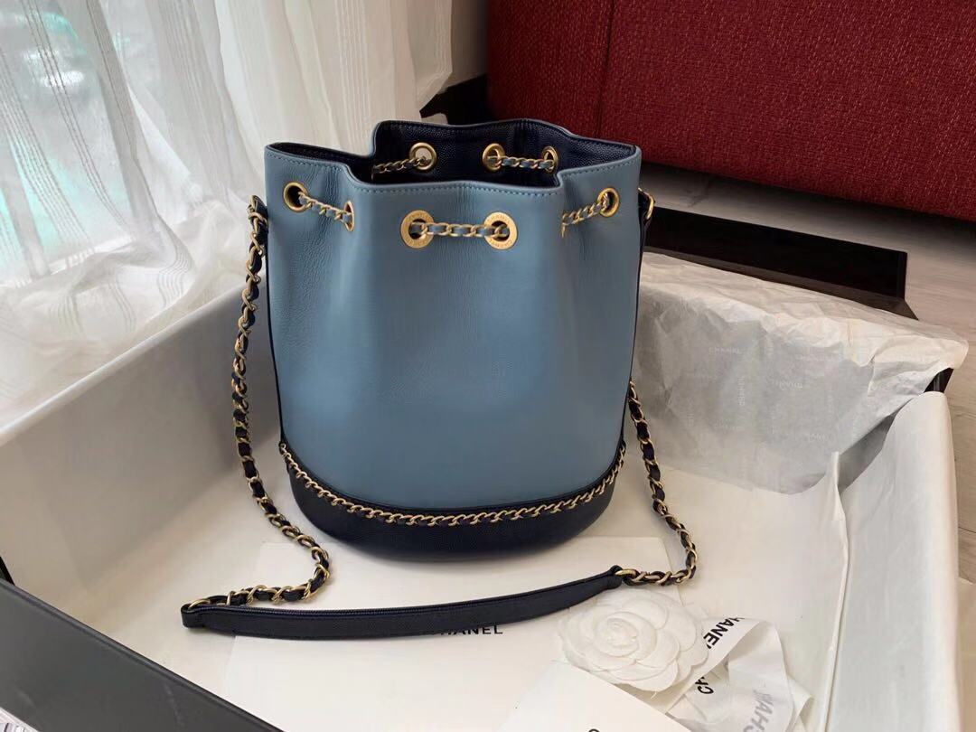 Chanel drawstring bag Calfskin & Gold-Tone Metal AS0373 blue