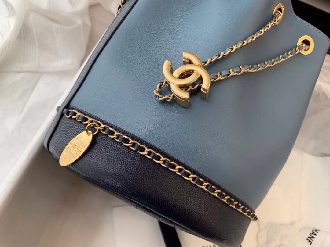 Chanel drawstring bag Calfskin & Gold-Tone Metal AS0373 blue