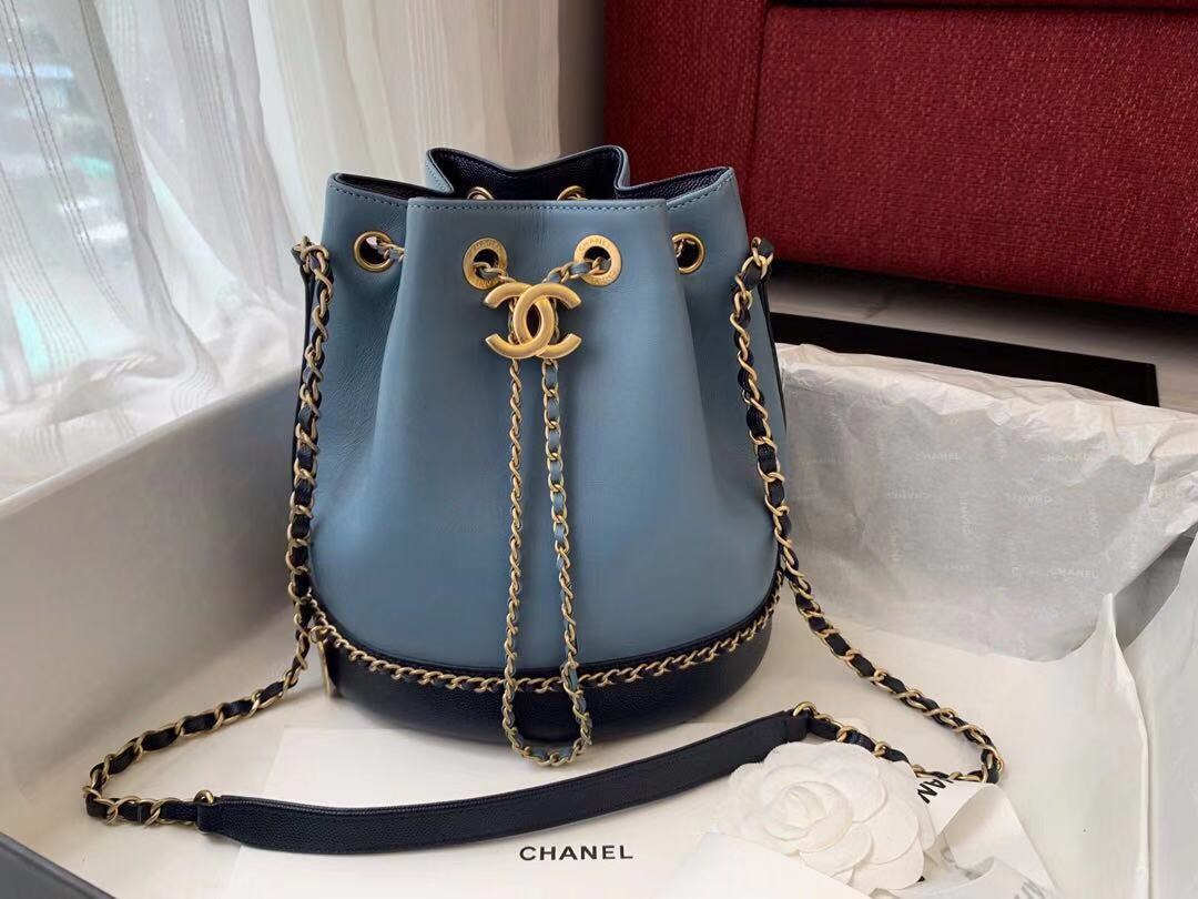 Chanel drawstring bag Calfskin & Gold-Tone Metal AS0373 blue