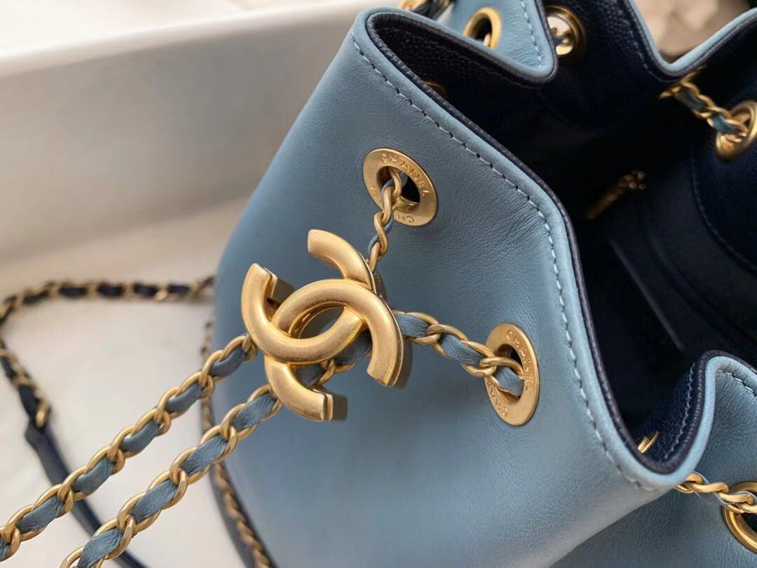 Chanel drawstring bag Calfskin & Gold-Tone Metal AS0373 blue