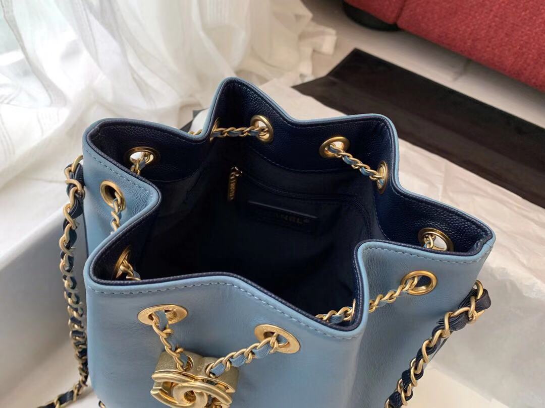 Chanel drawstring bag Calfskin & Gold-Tone Metal AS0373 blue