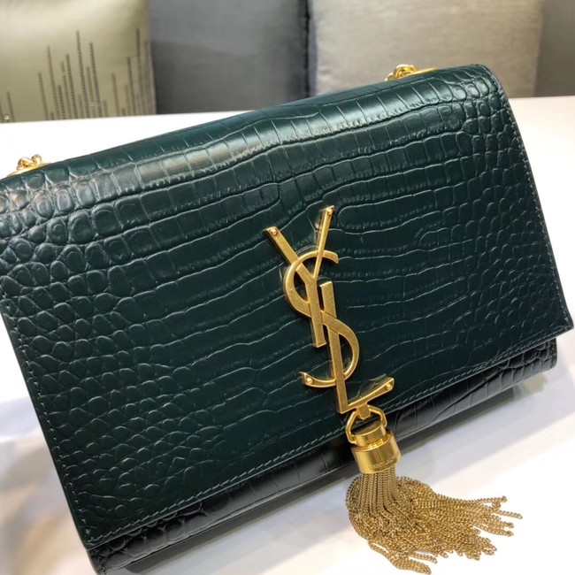 SAINT LAURENT Kate croc-embossed leather shoulder bag 474366 Blackish green