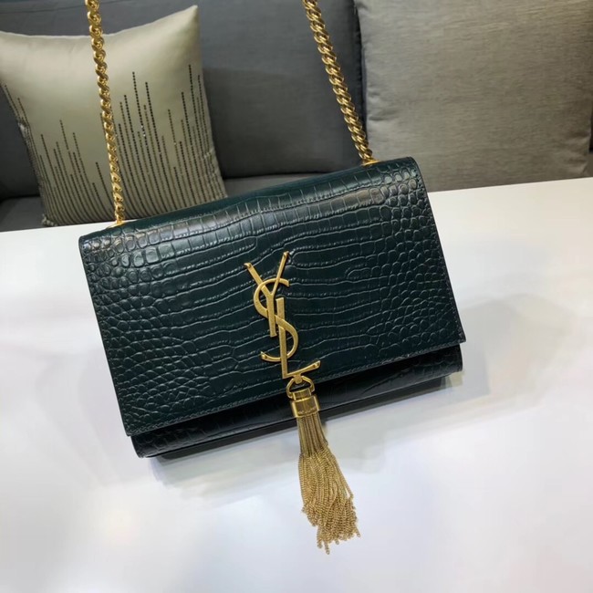 SAINT LAURENT Kate croc-embossed leather shoulder bag 474366 Blackish green