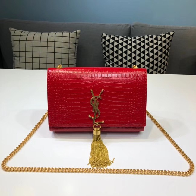 SAINT LAURENT Kate croc-embossed leather shoulder bag 474366 red