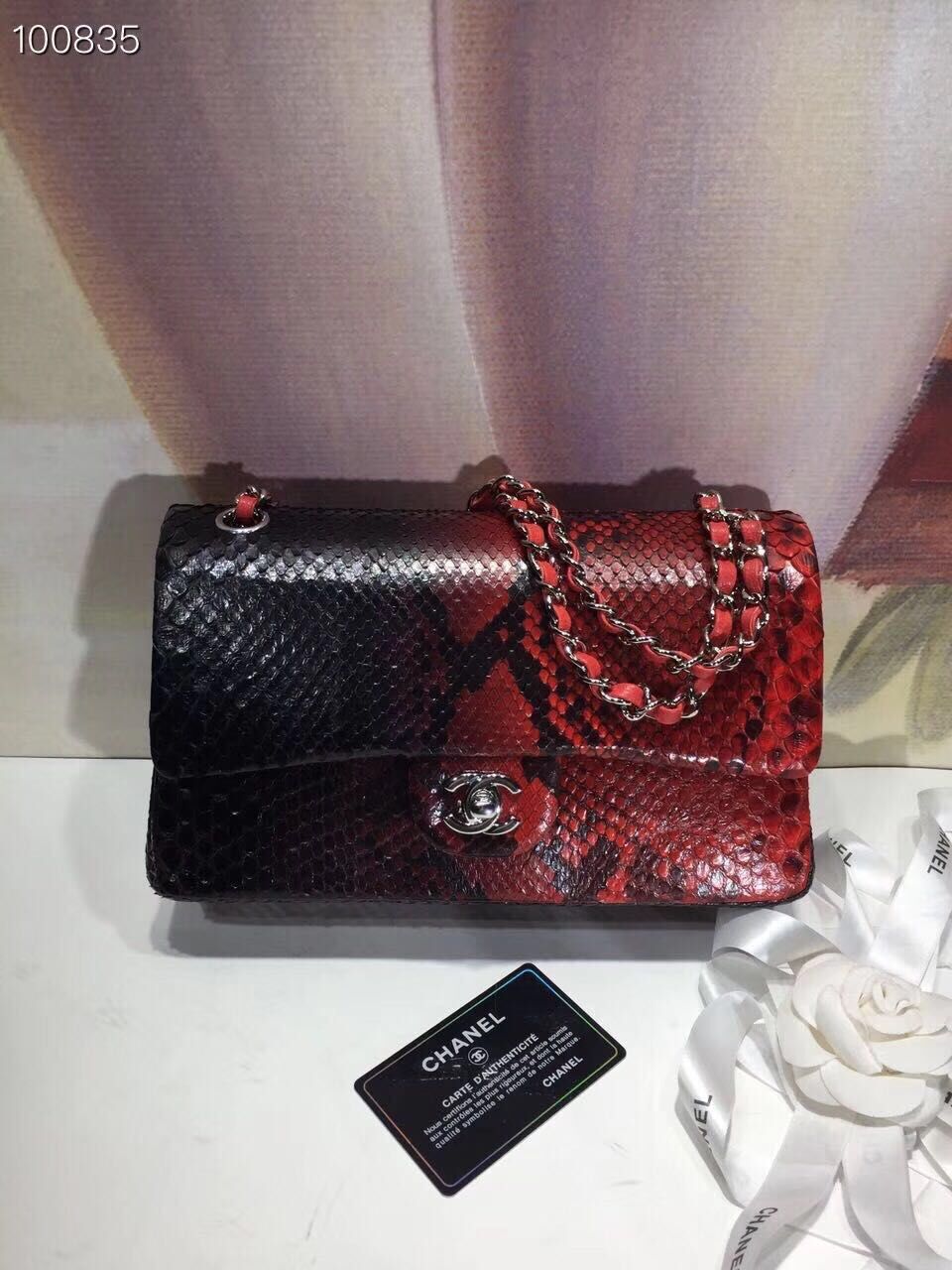 Chanel Classic Handbag Python Leather A01112 Black&Red