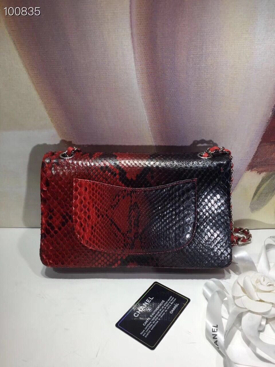 Chanel Classic Handbag Python Leather A01112 Black&Red