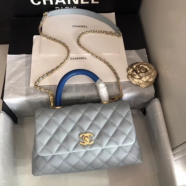 Chanel original Caviar leather flap bag top handle B92292 light blue&Gold-Tone Metal