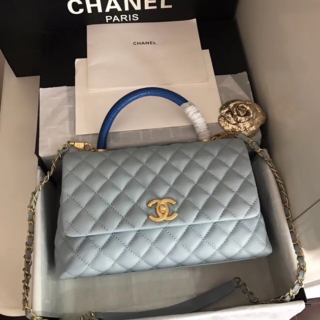 Chanel original Caviar leather flap bag top handle B92292 light blue&Gold-Tone Metal